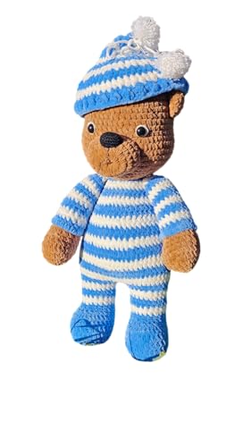 Handmade Crochet Blue Teddy Bear with Removable Hat