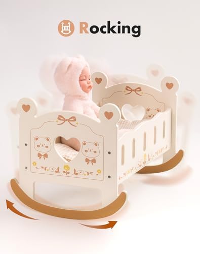 ROBOTIME Bear Doll Crib with Bedding 1