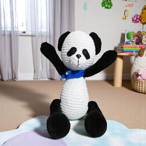 Handmade Crochet Panda Bear with Blue Scarf