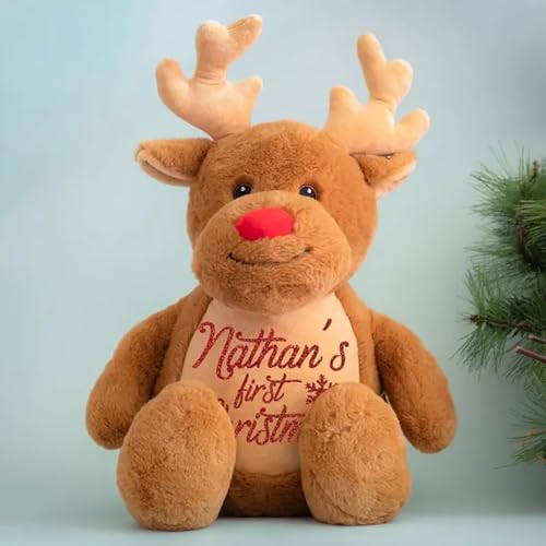 Personalized Baby Christmas Teddy Bear with Santa Hat and Reindeer Plush Toy