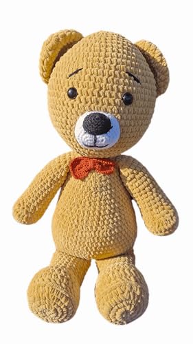 Handmade Crochet Plush Bear Toy Soft Brown Teddy with Bow Tie