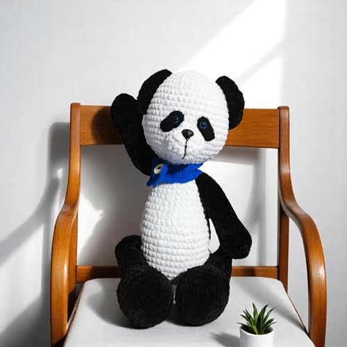 Handmade Crochet Panda Bear with Blue Scarf