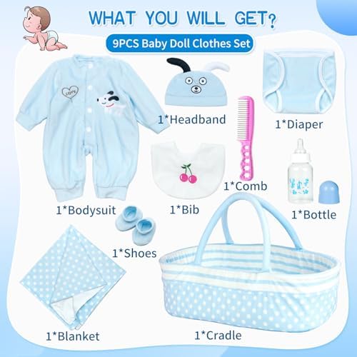Pedolltree Reborn Baby Doll 9 Pcs Blue Puppy Outfit Set