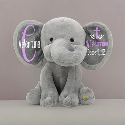 Personalized Elephant Stuffed Animal - My 1st Communion Gift Gray 9 Inches