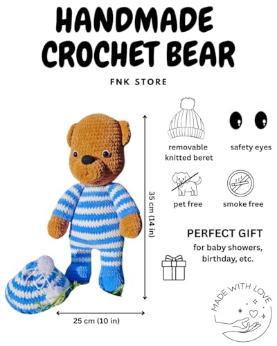 Handmade Crochet Blue Teddy Bear with Removable Hat