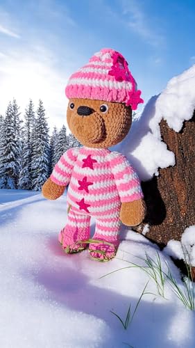 Handmade Crochet Teddy Bear Pink Outfit Plush Stuffed Toy