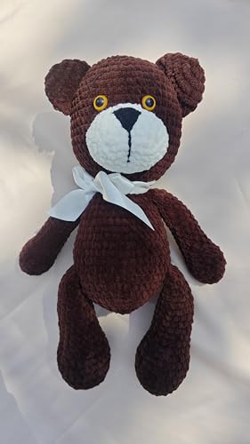 Dark Brown Crochet Teddy Bear with White Bow