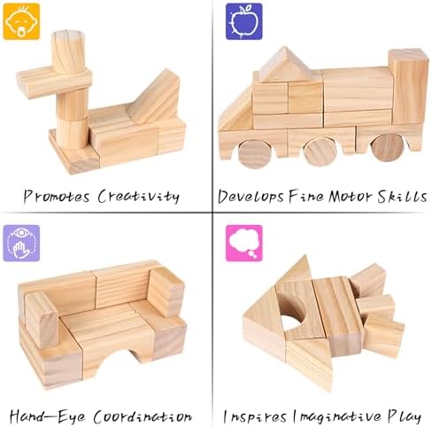 AryiHitt 100 Pcs Kids Natural Wood Building Blocks