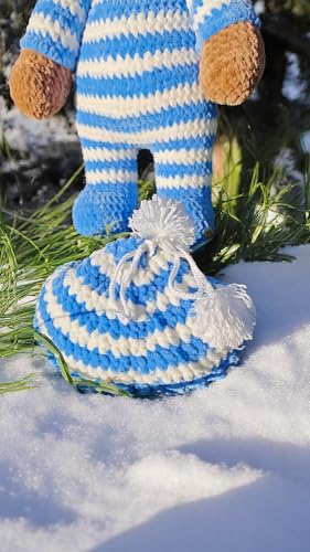 Handmade Crochet Blue Teddy Bear with Removable Hat