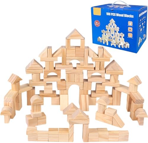 AryiHitt 100 Pcs Kids Natural Wood Building Blocks