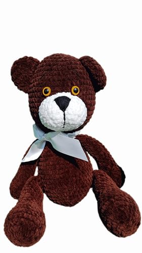 Dark Brown Crochet Teddy Bear with White Bow