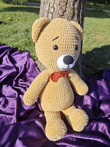 Handmade Crochet Plush Bear Toy Soft Brown Teddy with Bow Tie