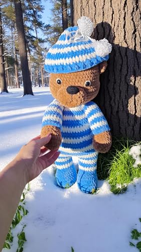 Handmade Crochet Blue Teddy Bear with Removable Hat