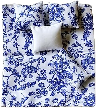 Inusitus Mini Bed Set for 6 Inch Dolls Blue Linen Wooden Frame