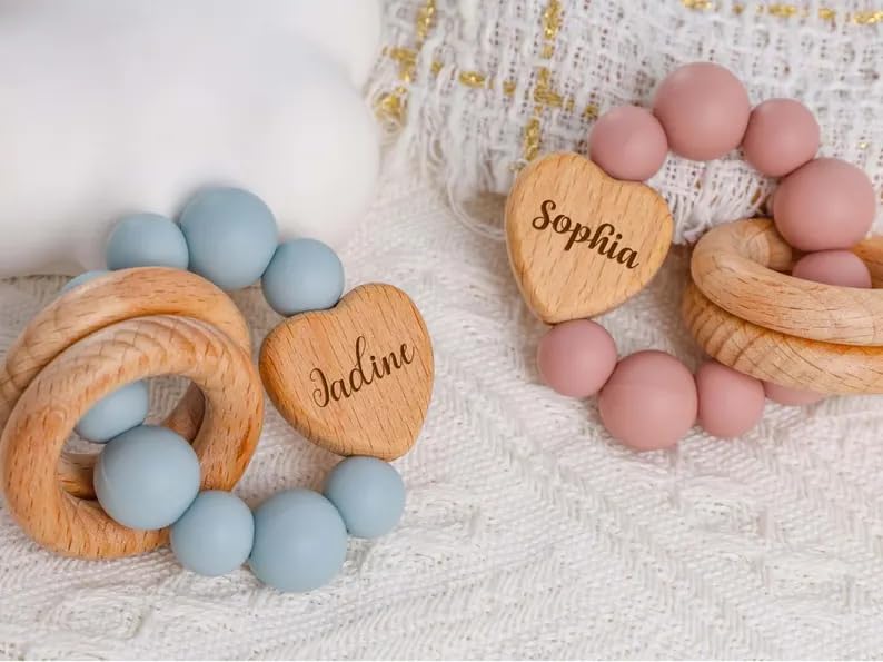 Personalized Wooden Rattle with Silicone Bracelet Set