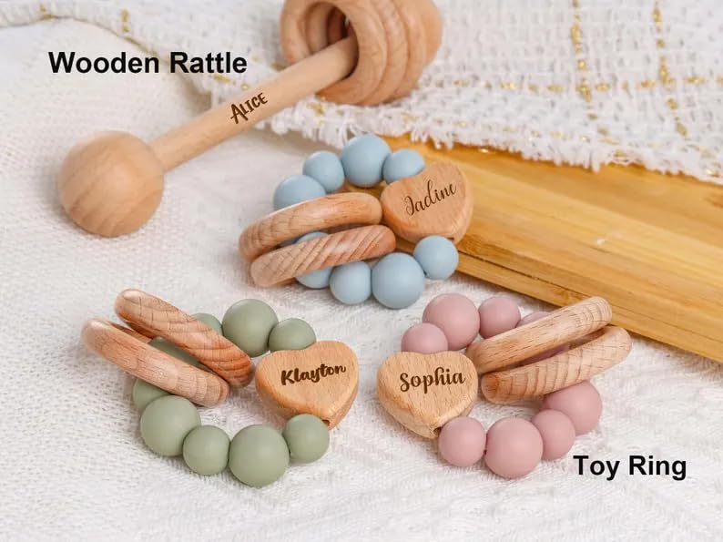 Personalized Wooden Rattle with Silicone Bracelet Set