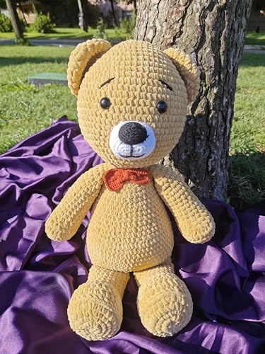 Handmade Crochet Plush Bear Toy Soft Brown Teddy with Bow Tie