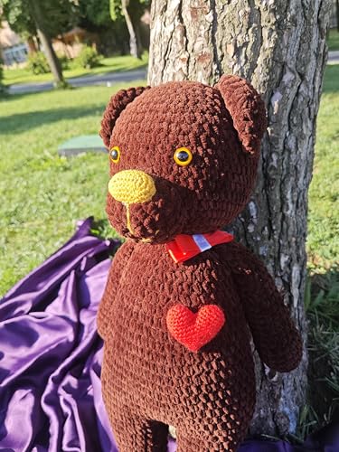 Handmade Crochet Teddy Bear - Brown Plush Toy with Heart and Ribbon 1