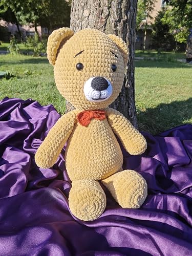 Handmade Crochet Plush Bear Toy Soft Brown Teddy with Bow Tie