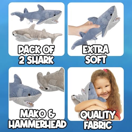 Bedwina Stuffed Animal Sharks - Pack of 2 14 Mako 13 Hammerhead Plush Toys