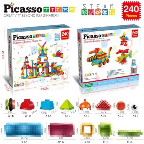 PicassoTiles 240pcs Hedgehog Building Blocks 3D Interlocking Set