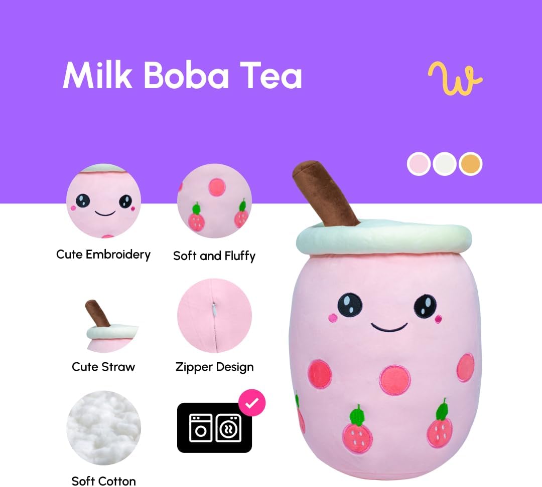 196 Kawaii Tea Plushie Stuffed Animal with Pink Open Eyes