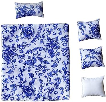 Inusitus Mini Bed Set for 6 Inch Dolls Blue Linen Wooden Frame
