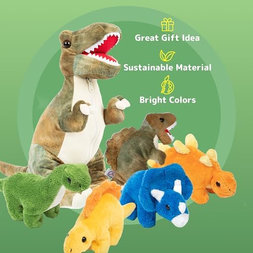 PREXTEX Dinosaur Plush Set - T-Rex and 5 Zipped Baby Dinosaurs