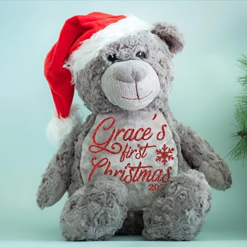 Personalized Baby Christmas Teddy Bear with Santa Hat and Reindeer Plush Toy