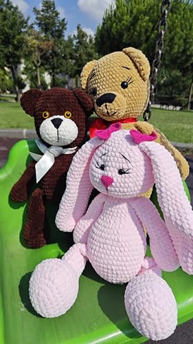 Dark Brown Crochet Teddy Bear with White Bow