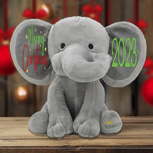 Personalized Elephant Stuffed Animal - Gray 9 Inches Merry Christmas 2023