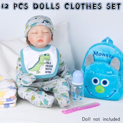 Pedolltree 12 Pcs Blue Dinosaur Reborn Baby Doll Clothes Set