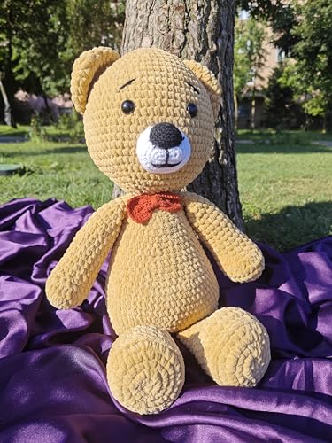 Handmade Crochet Plush Bear Toy Soft Brown Teddy with Bow Tie