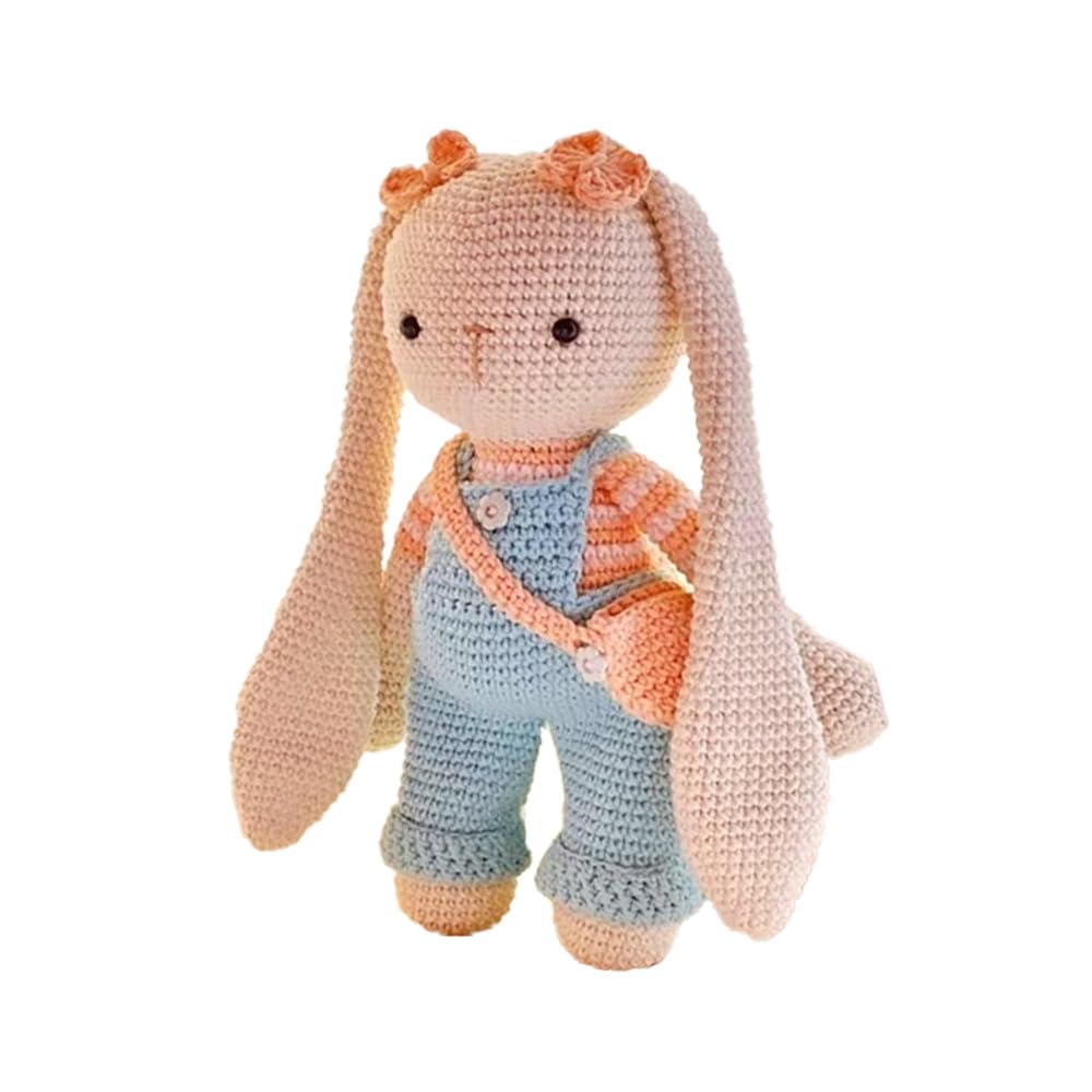 Handmade Knitted Amigurumi Bunny Toy with Blue Pants