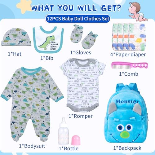 Pedolltree 12 Pcs Blue Dinosaur Reborn Baby Doll Clothes Set