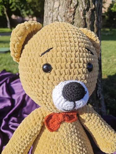 Handmade Crochet Plush Bear Toy Soft Brown Teddy with Bow Tie