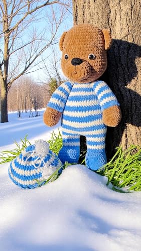 Handmade Crochet Blue Teddy Bear with Removable Hat