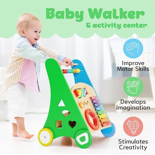 KIDDERY TOYS Wooden Baby Walker with Activity Center
