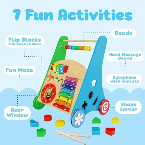 KIDDERY TOYS Wooden Baby Walker with Activity Center