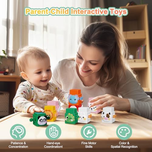 BLNOS 12 PCS Pressable Animal Stacking Blocks