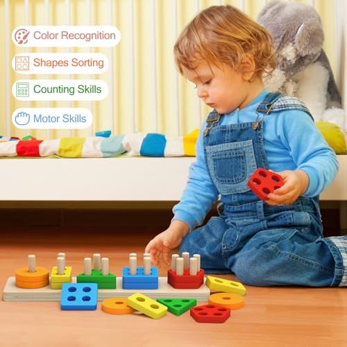 PEBIRA Montessori Wooden Sorting Stacking Toy Set