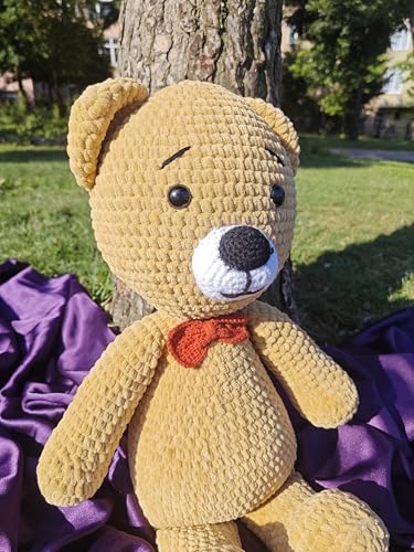 Handmade Crochet Plush Bear Toy Soft Brown Teddy with Bow Tie