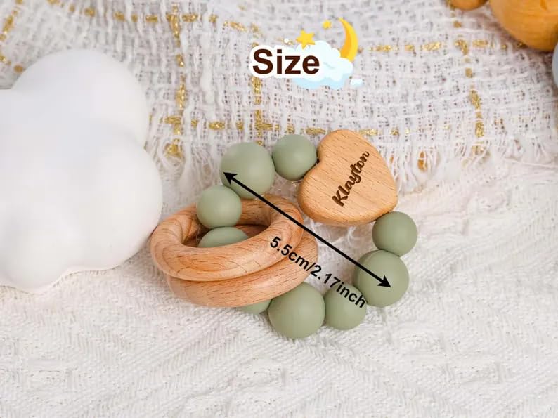Personalized Wooden Rattle with Silicone Bracelet Set