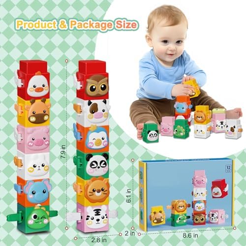 BLNOS 12 PCS Pressable Animal Stacking Blocks