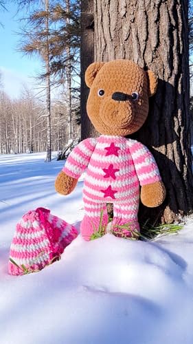 Handmade Crochet Teddy Bear Pink Outfit Plush Stuffed Toy