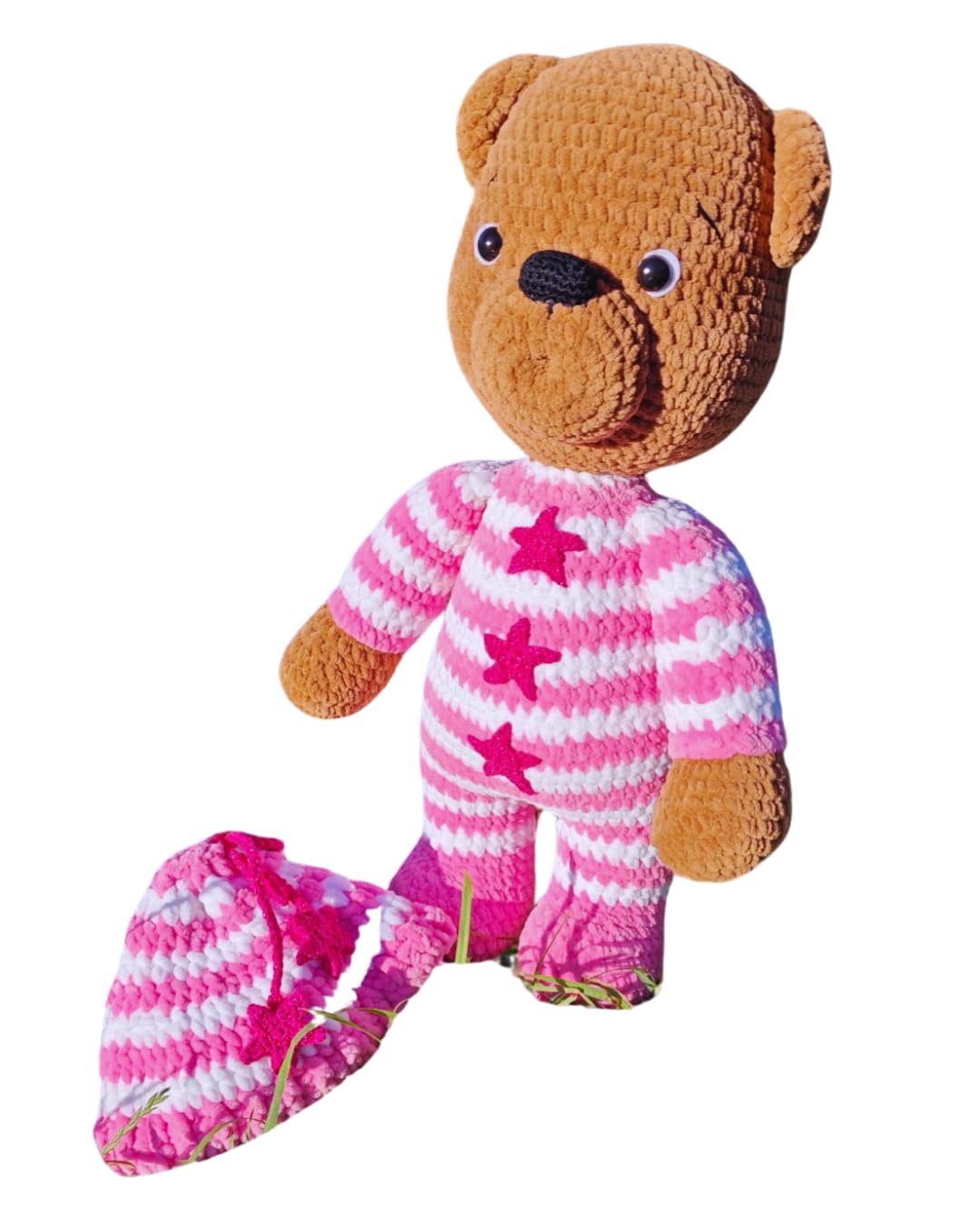 Handmade Crochet Teddy Bear Pink Outfit Plush Stuffed Toy