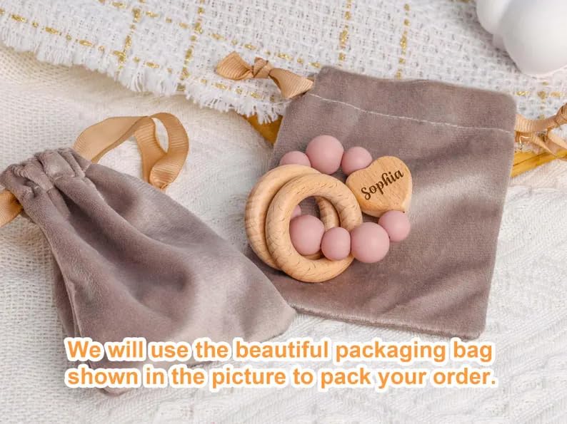 Personalized Wooden Rattle with Silicone Bracelet Set
