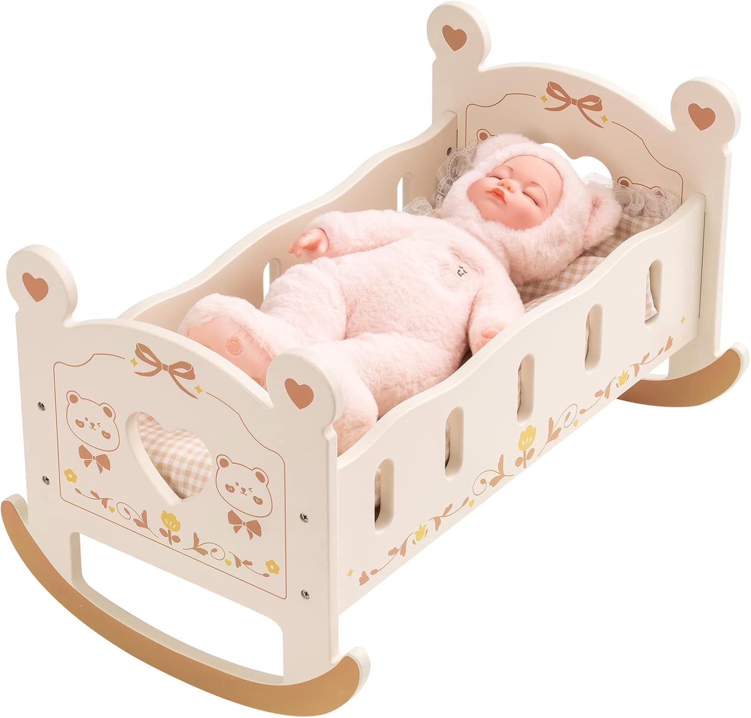 ROBOTIME Bear Doll Crib with Bedding 1