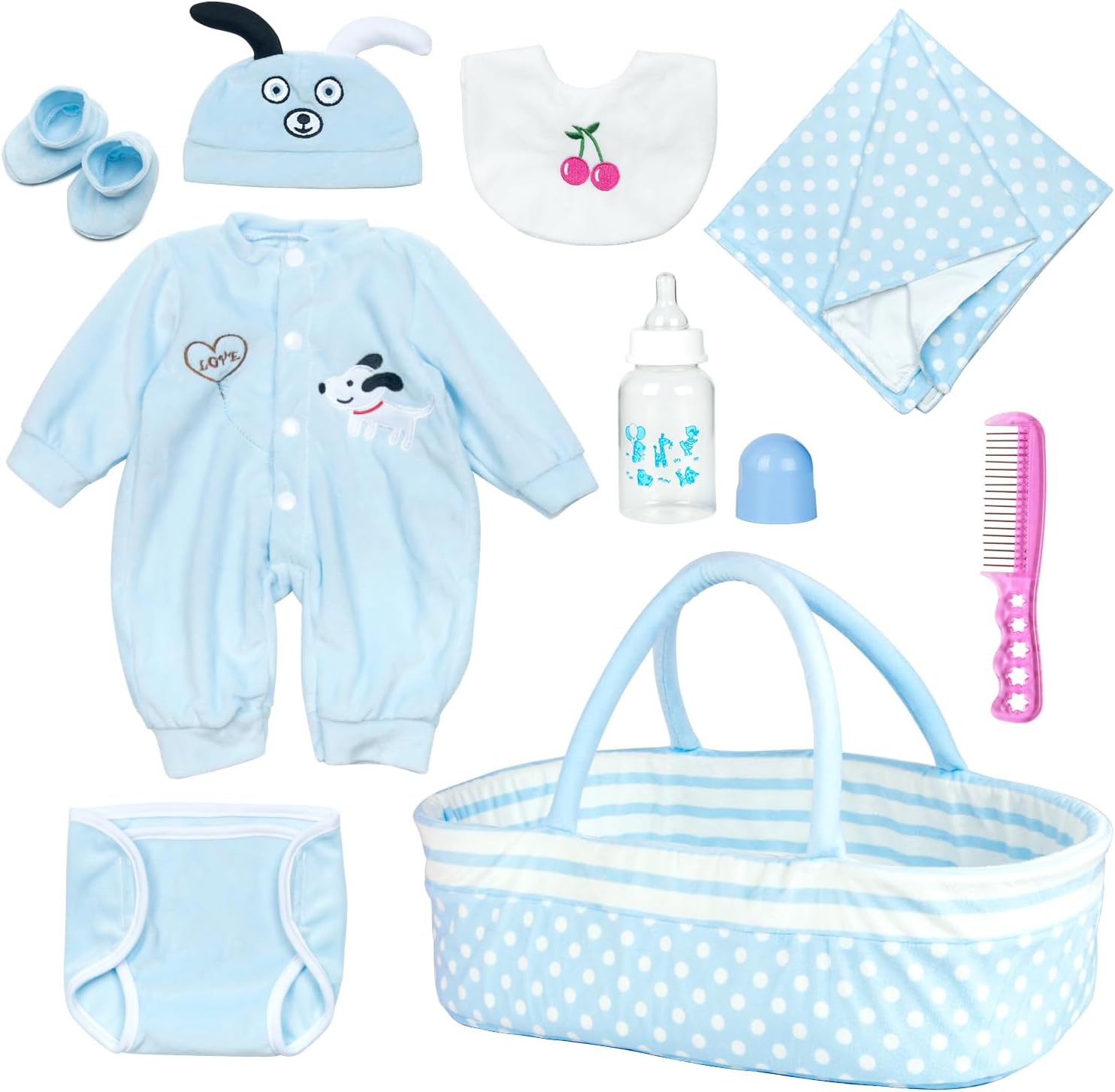 Pedolltree Reborn Baby Doll 9 Pcs Blue Puppy Outfit Set