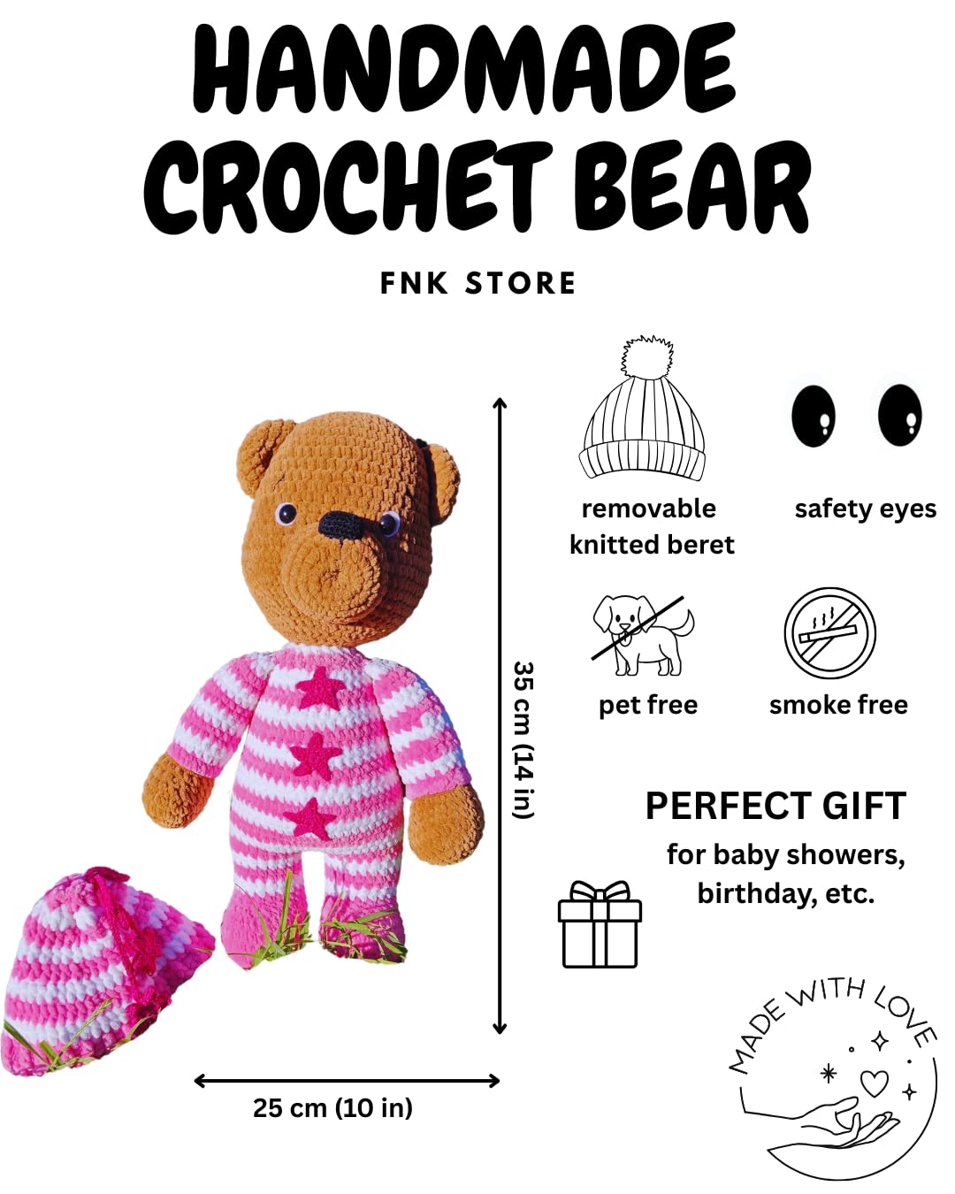 Handmade Crochet Teddy Bear Pink Outfit Plush Stuffed Toy